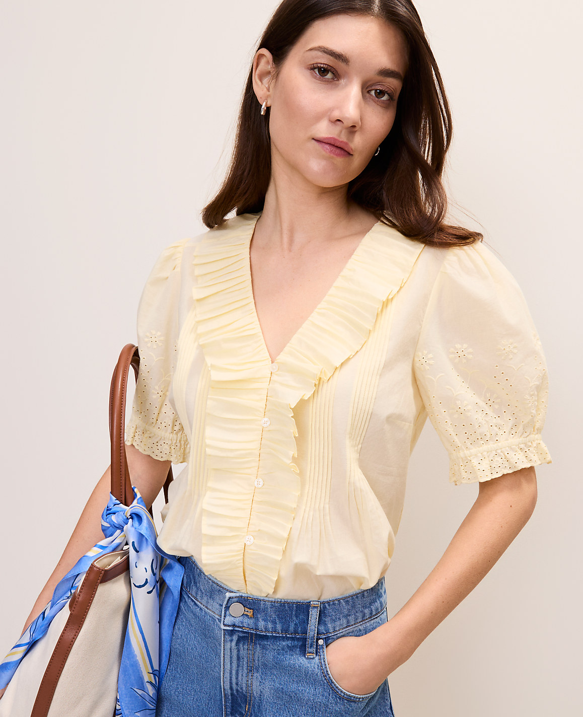 Petite Weekend Eyelet Ruffle Trim Blouse