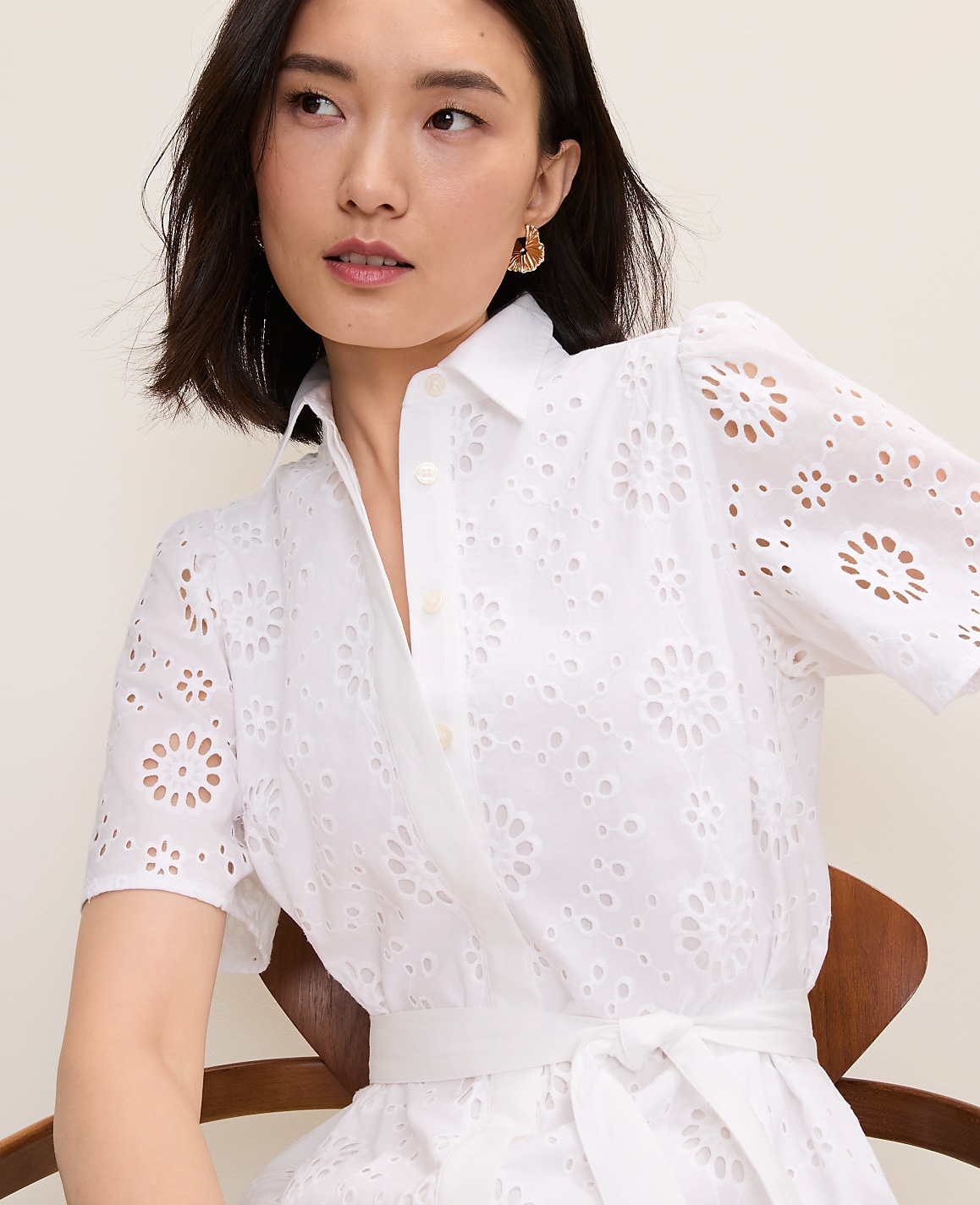 Petite Eyelet Collared Midi Shirtdress