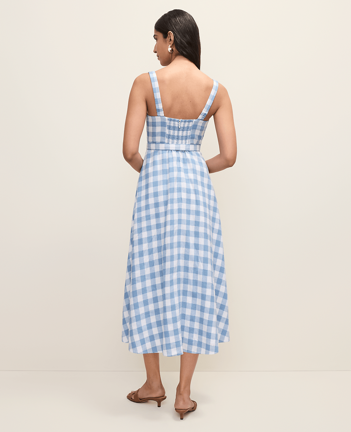 Petite Gingham Belted Midi Dress in Linen Blend