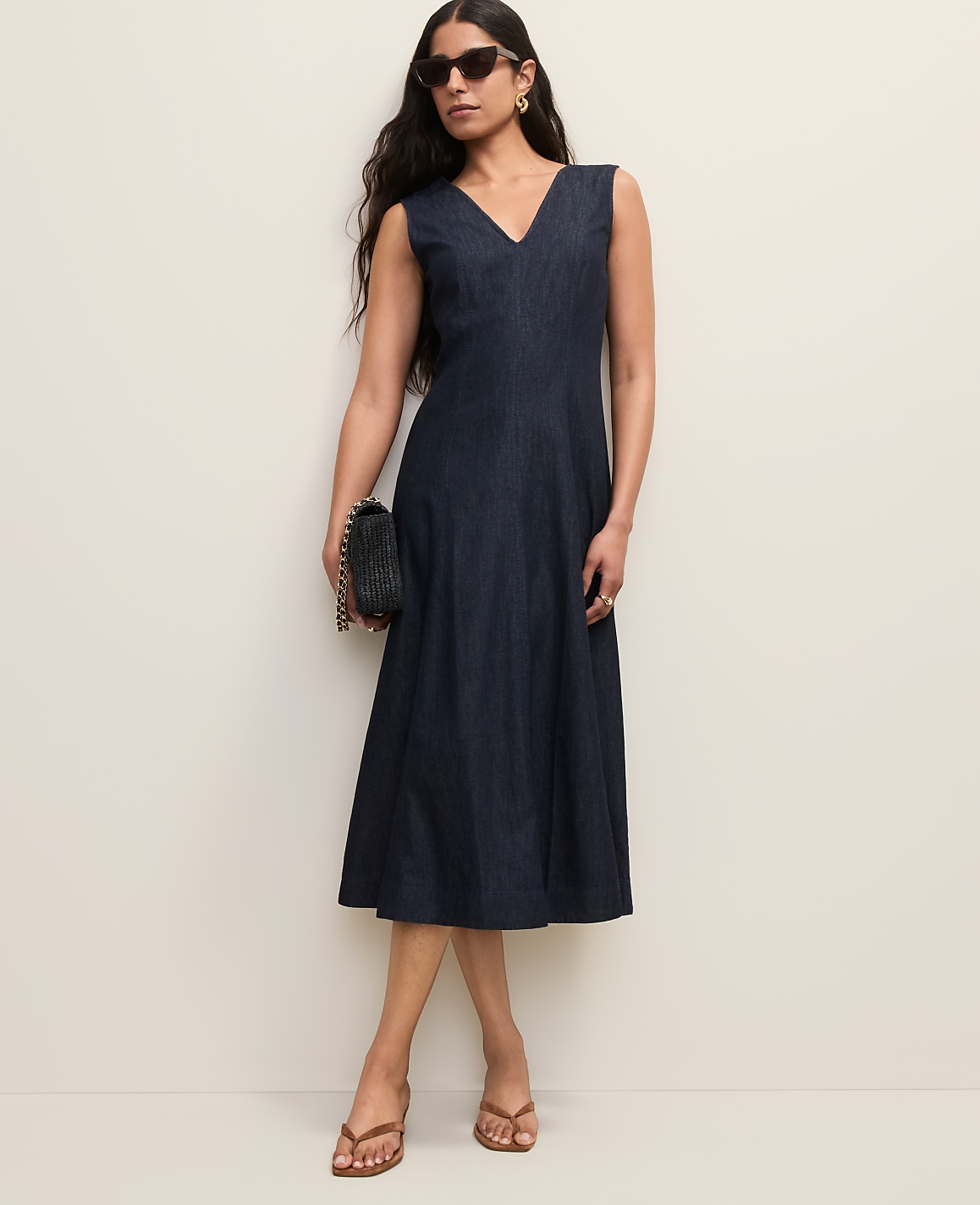 V-Neck Chambray Flare Midi Dress