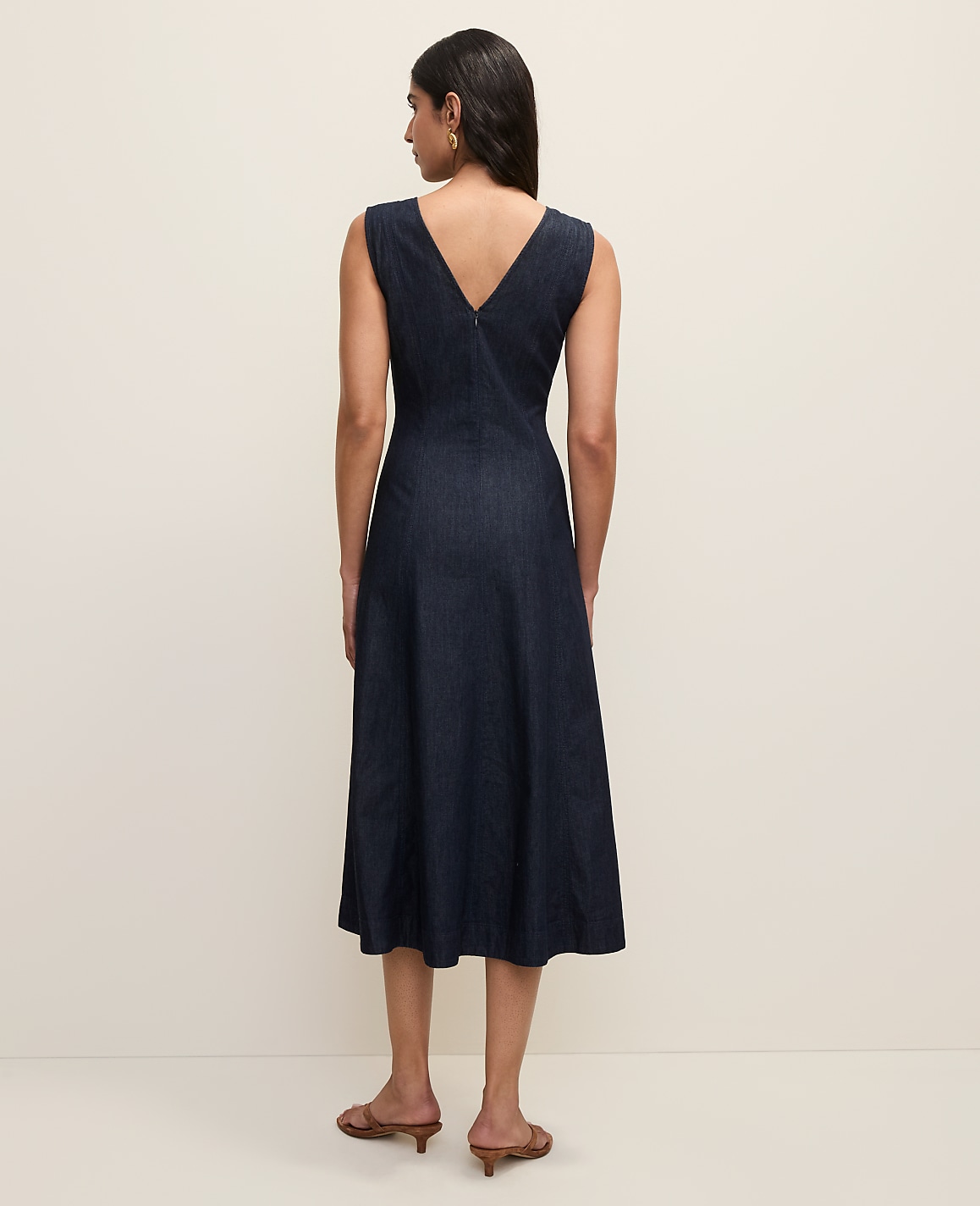 V-Neck Chambray Flare Midi Dress
