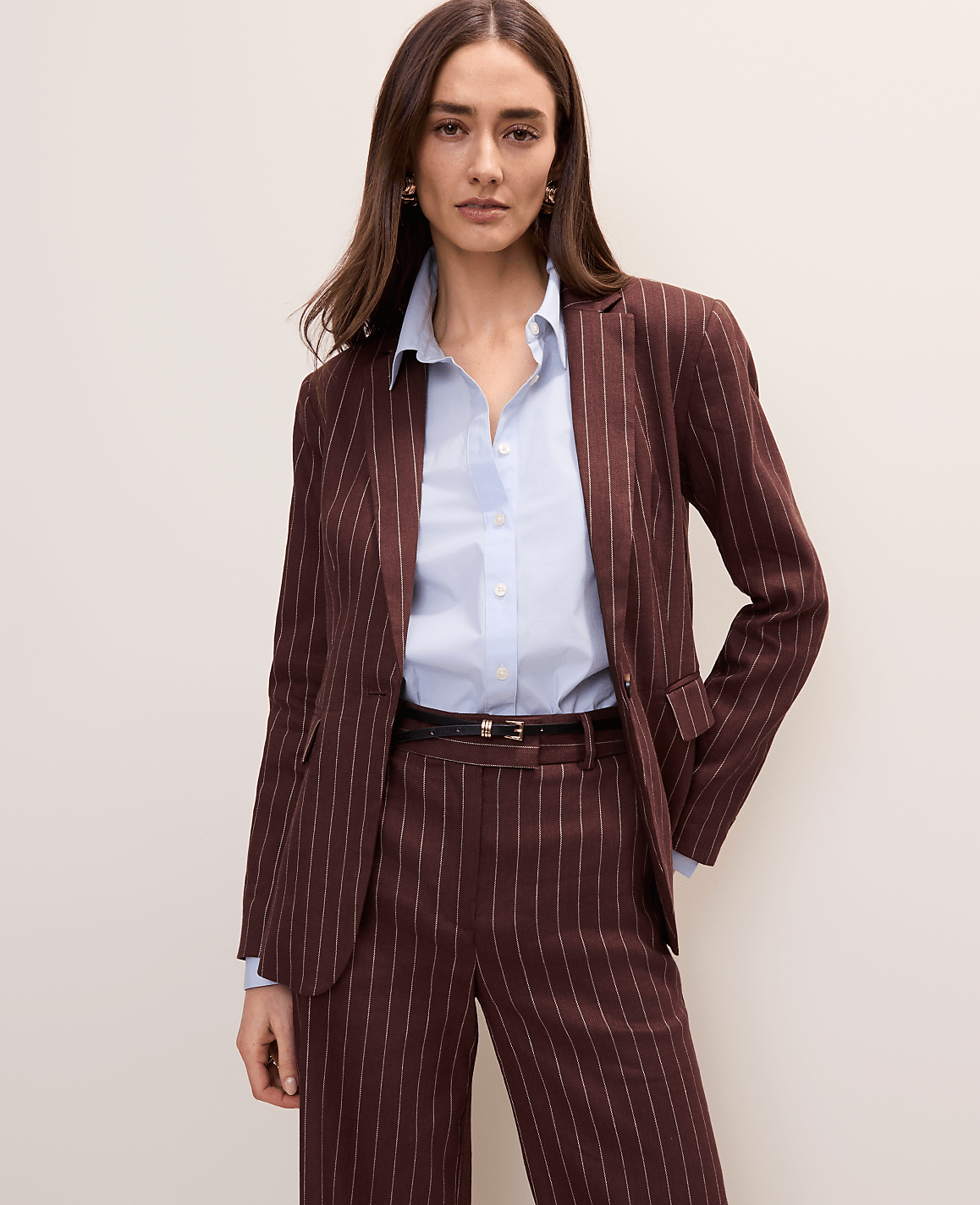 The Petite Pinstripe Long One Button Blazer in Linen Blend