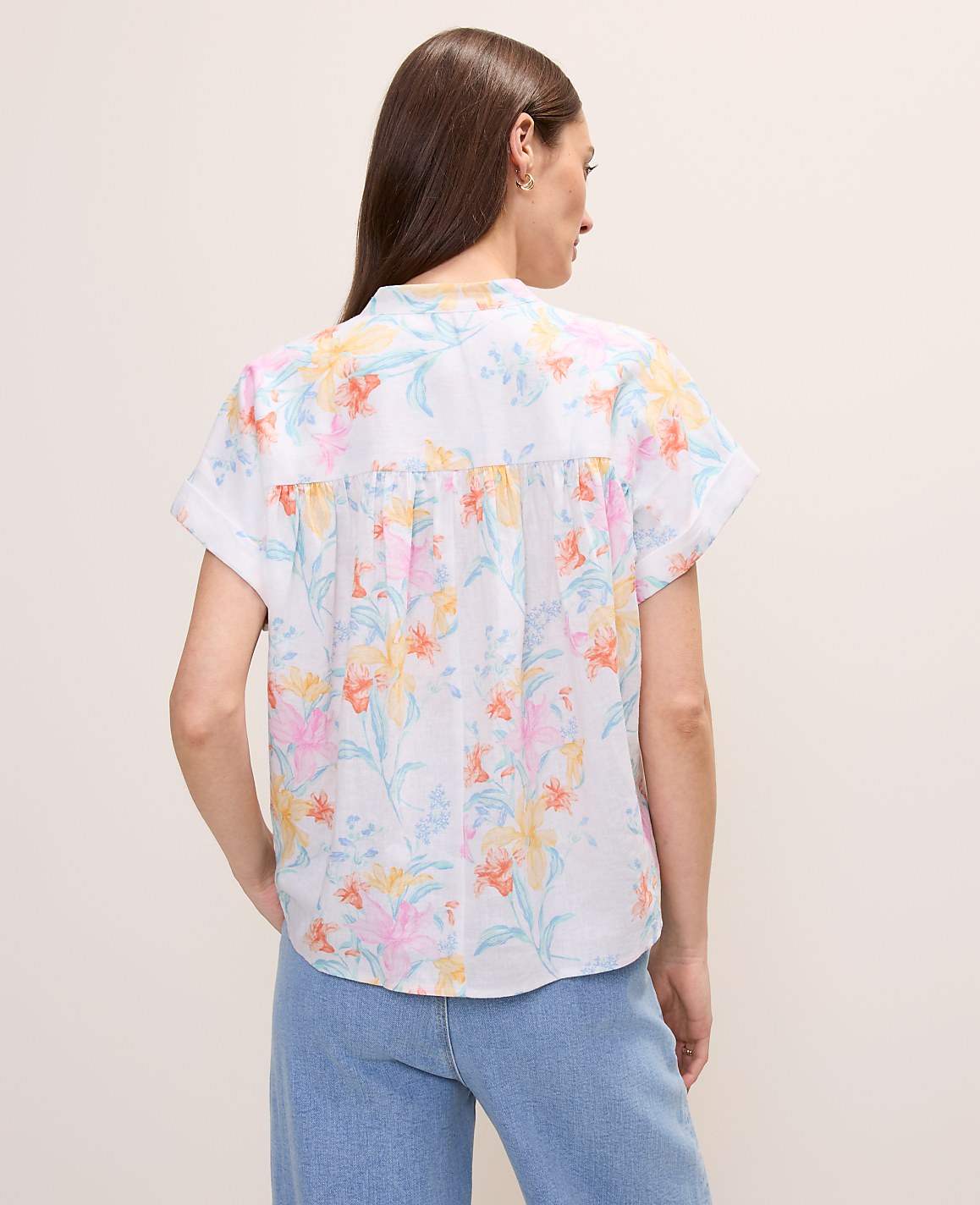 Floral Linen Blend Split Neck Blouse