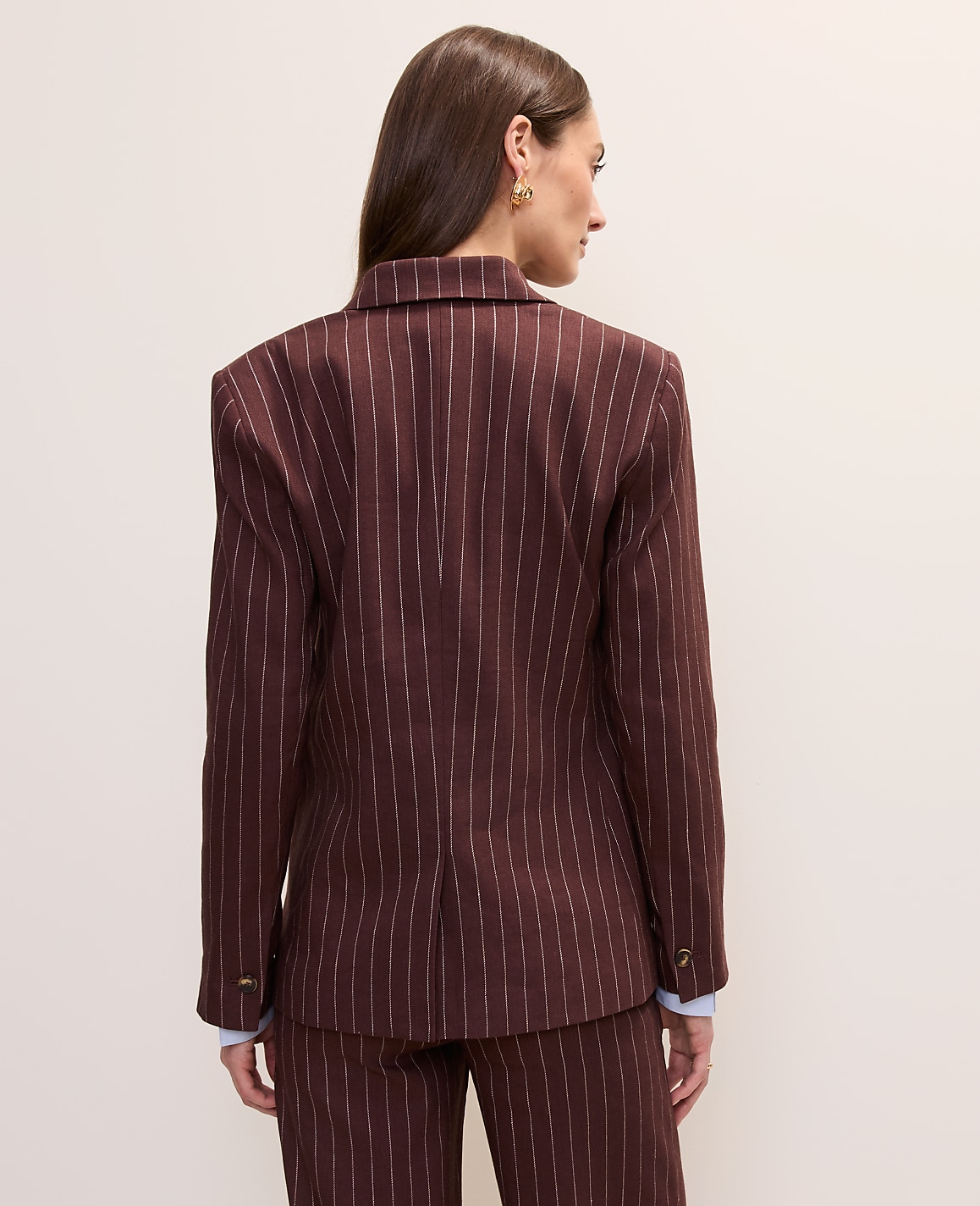 The Pinstripe Long One Button Blazer in Linen Blend