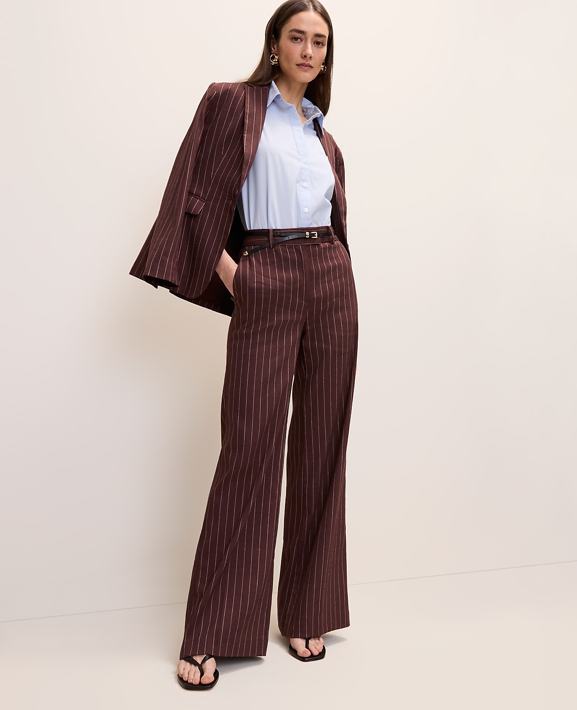 The Pinstriped Wide-Leg Flare Trouser in Linen Blend