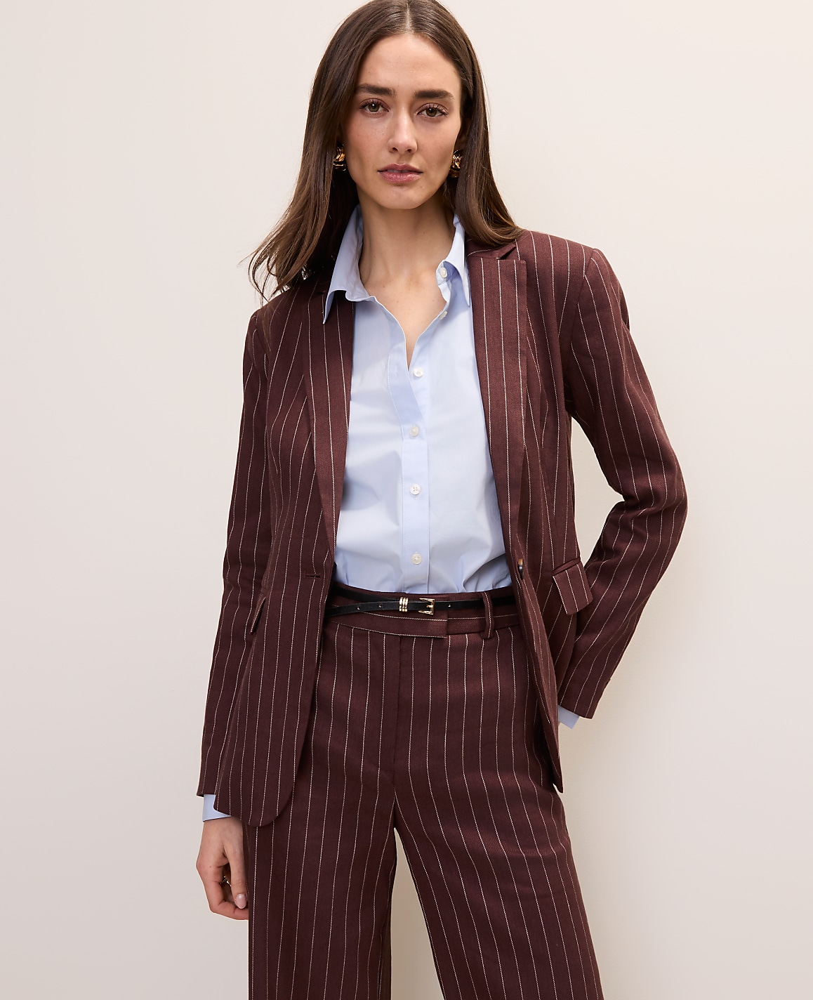 The Pinstripe Long One Button Blazer in Linen Blend