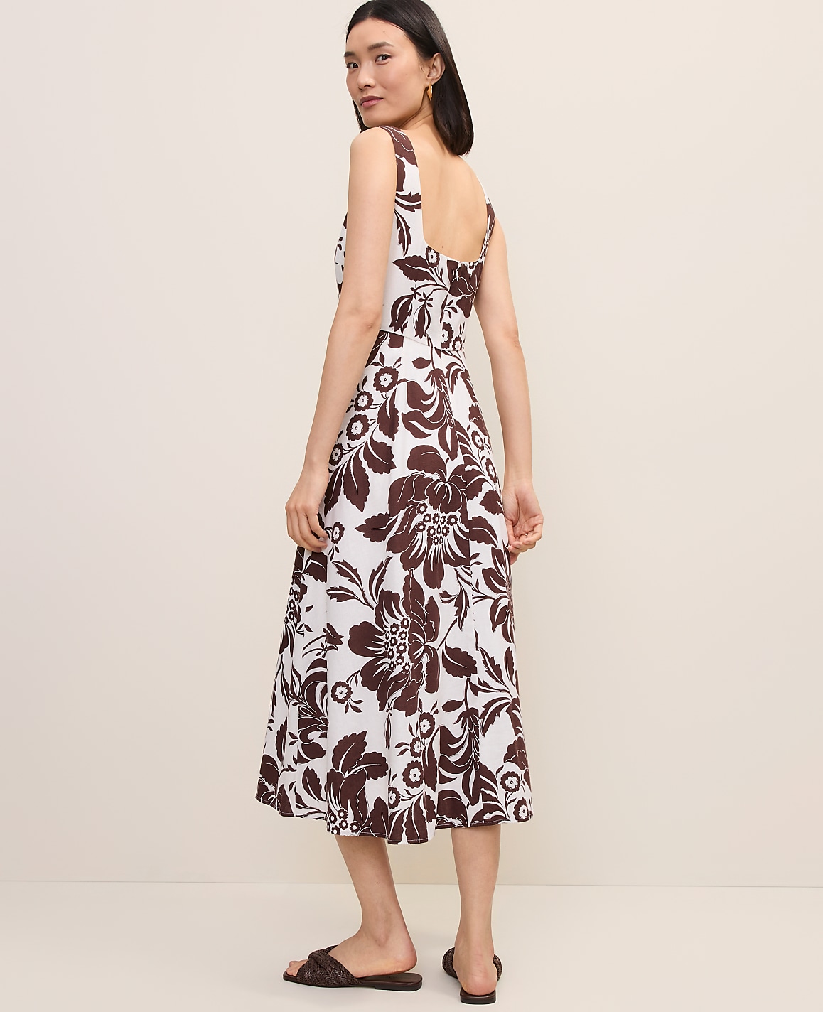Petite Floral Flare Midi Dress in Linen Blend
