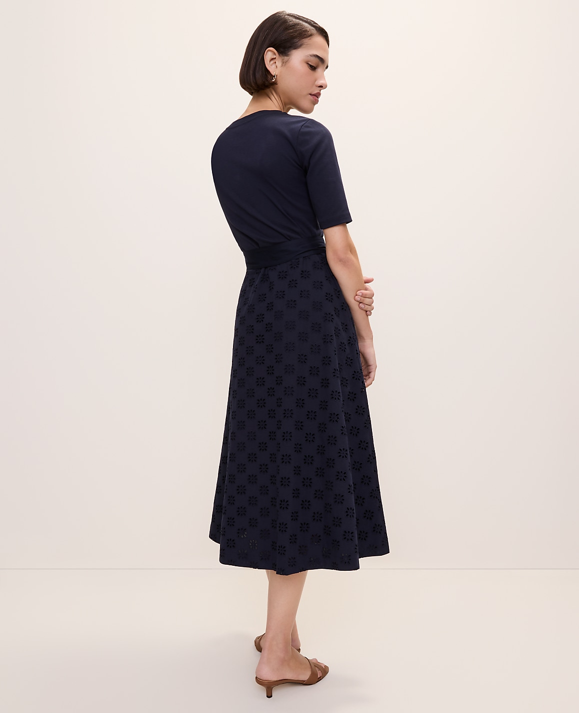 Belted Eyelet Flare Midi Dress