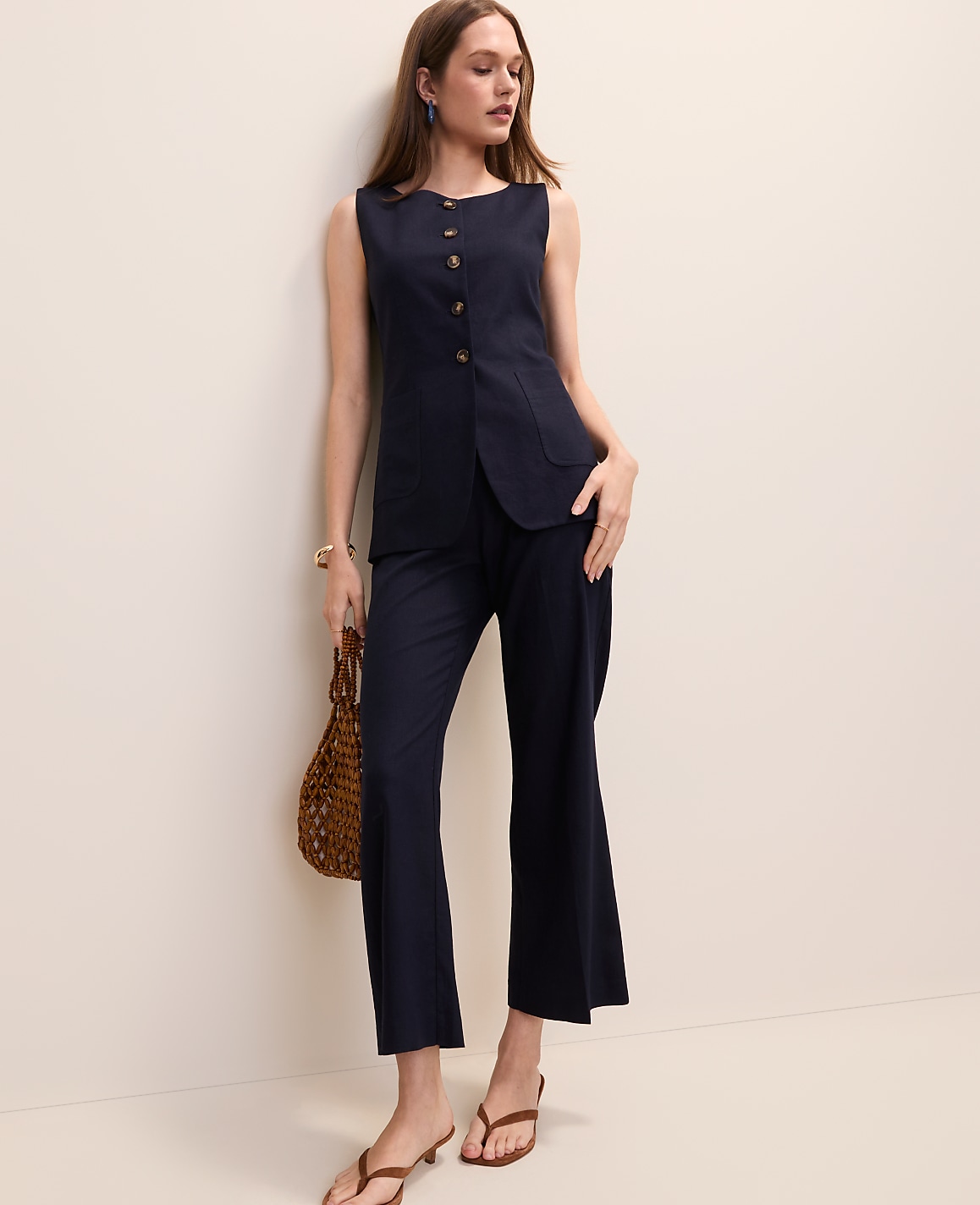 The Petite Long Crew Neck Vest in Linen Blend