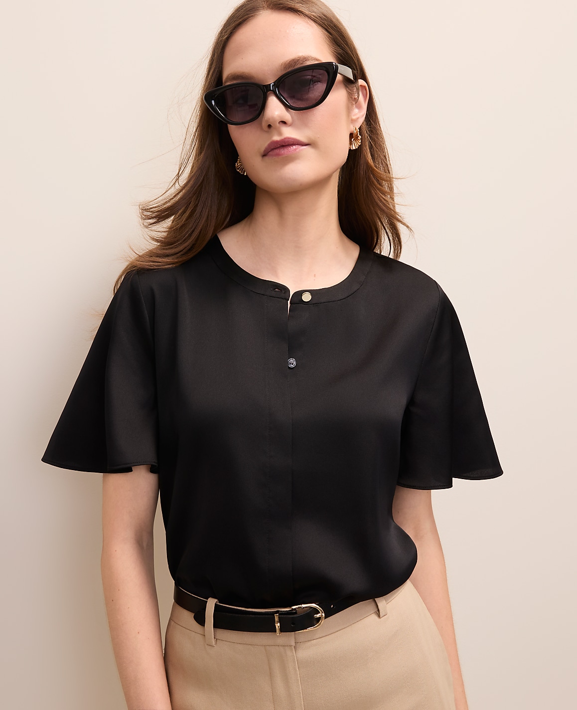 Petite Flutter Sleeve Top in Satin