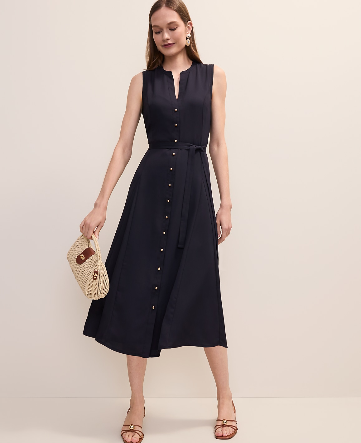 Petite Belted Split Neck Flare Dress