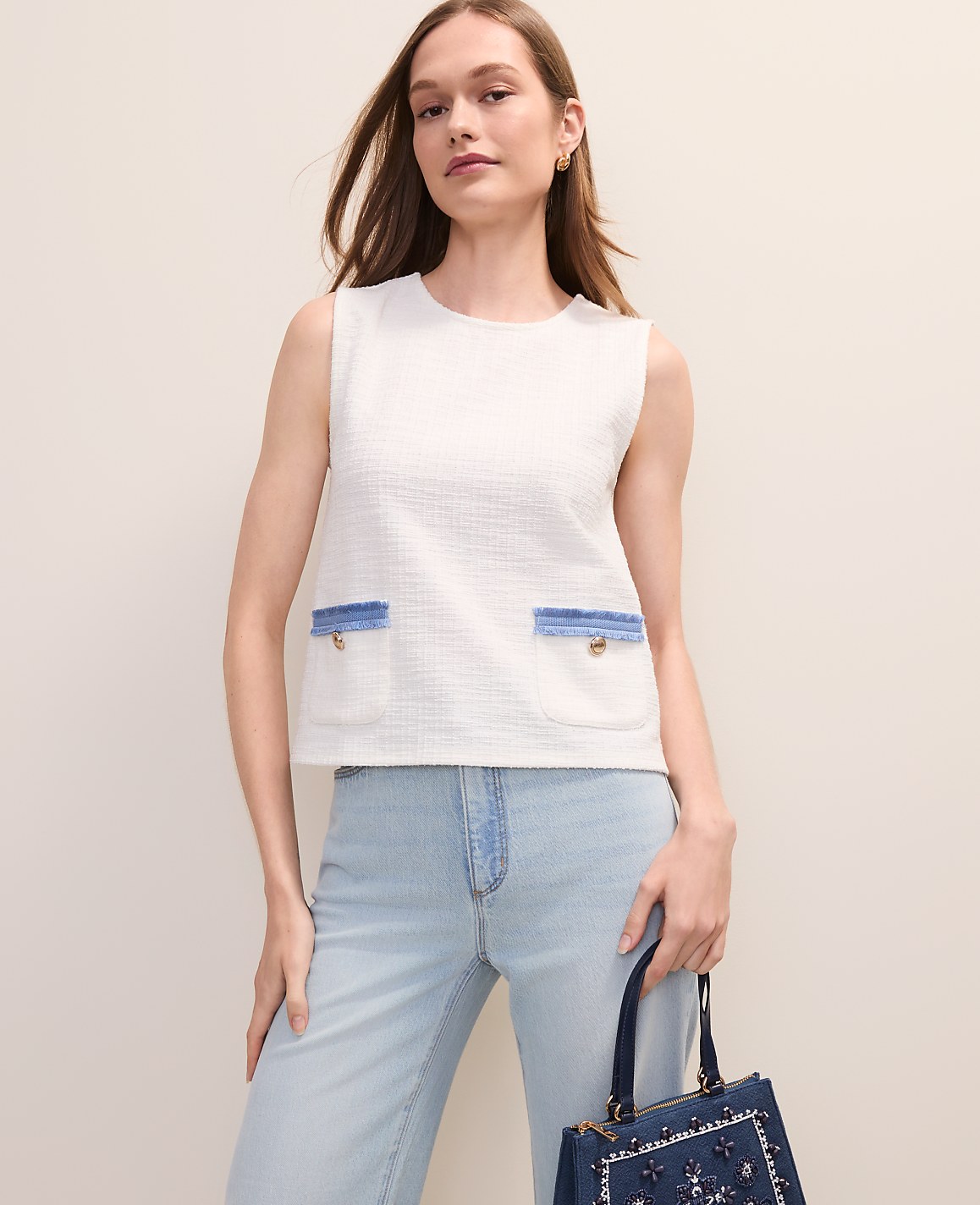 Petite Fringe Trim Tweed Top