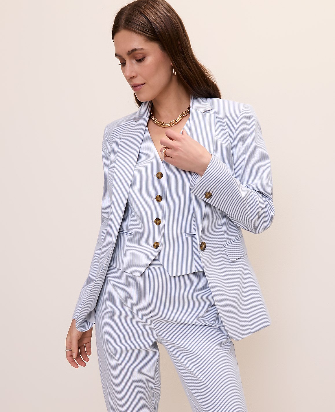 The Petite Long One Button Blazer in Seersucker
