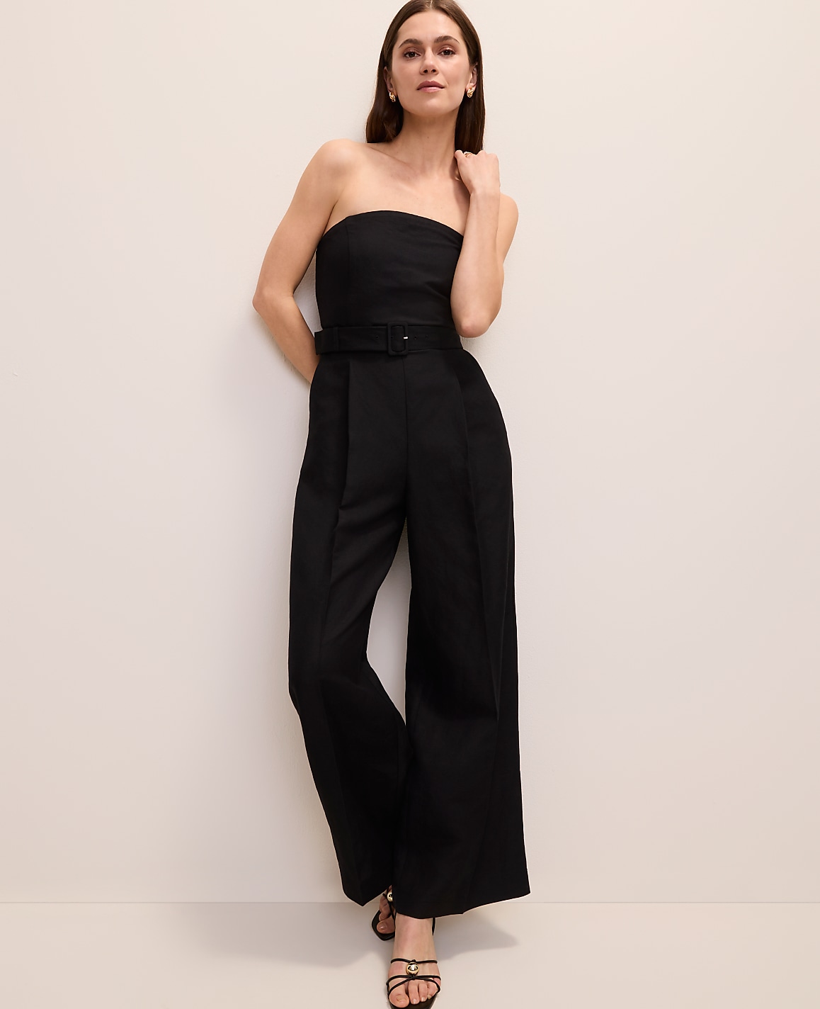 Petite Belted Strapless Jumpsuit in Linen Blend