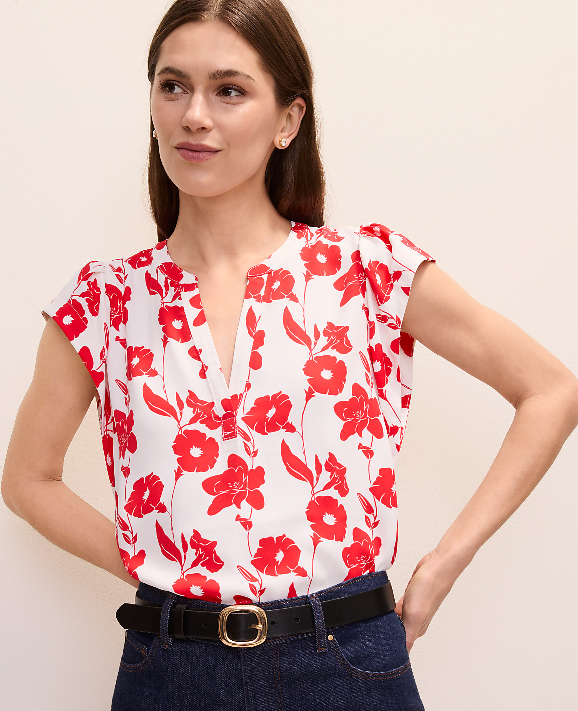Mixed Media Floral Flutter Sleeve Top