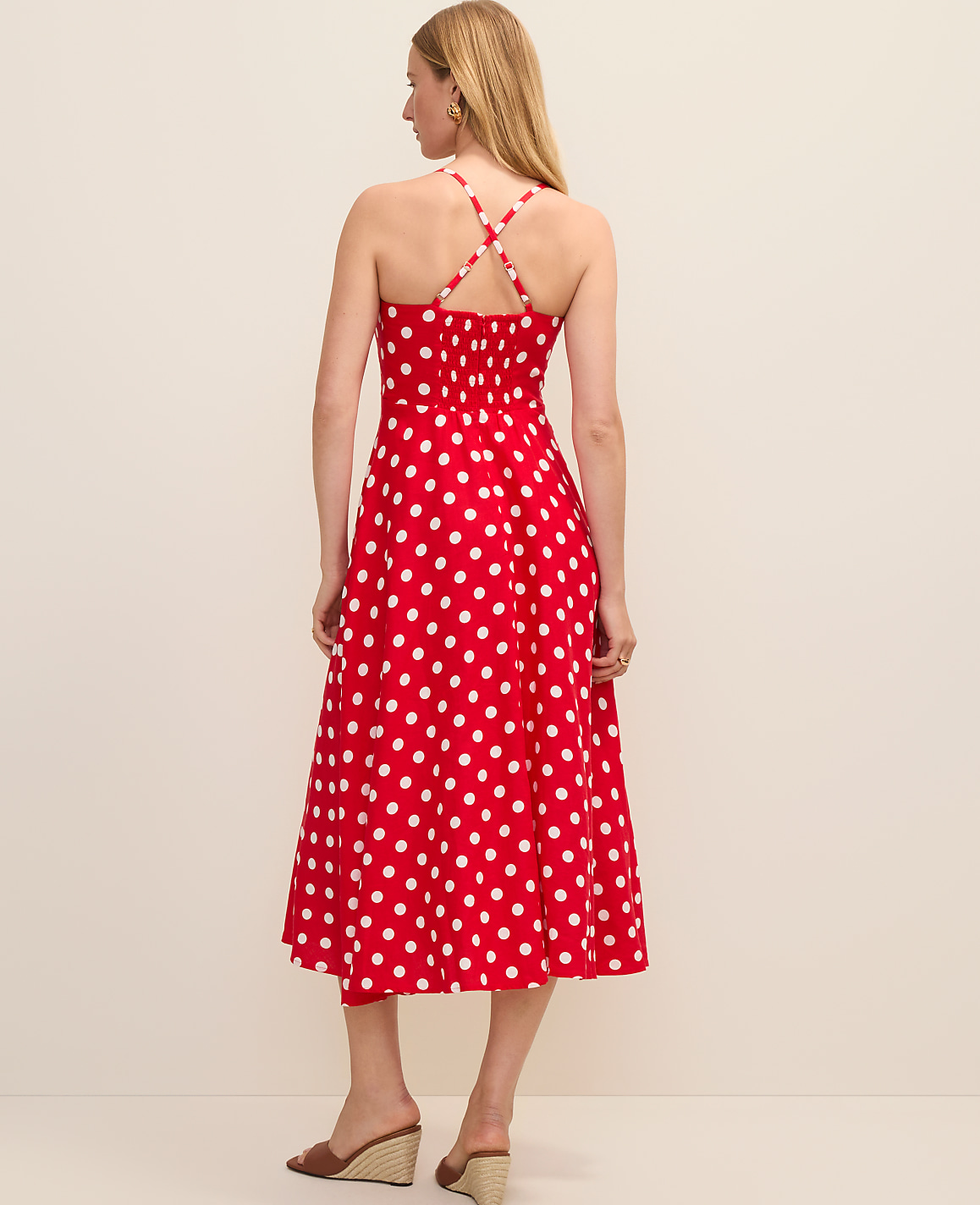 Petite Polka Dot Midi Dress in Linen Blend