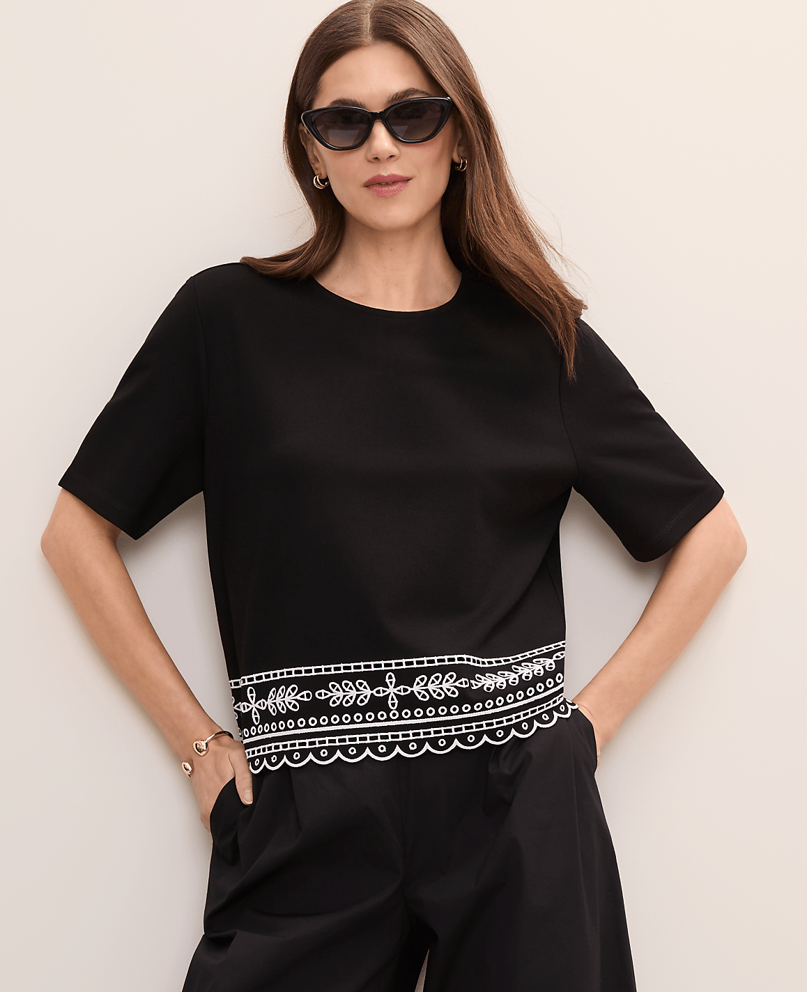 Petite Embroidered Crew Neck Top