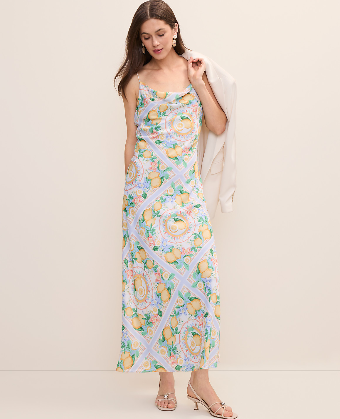 Petite Lemon Print Cowl Neck Slip Dress in Satin