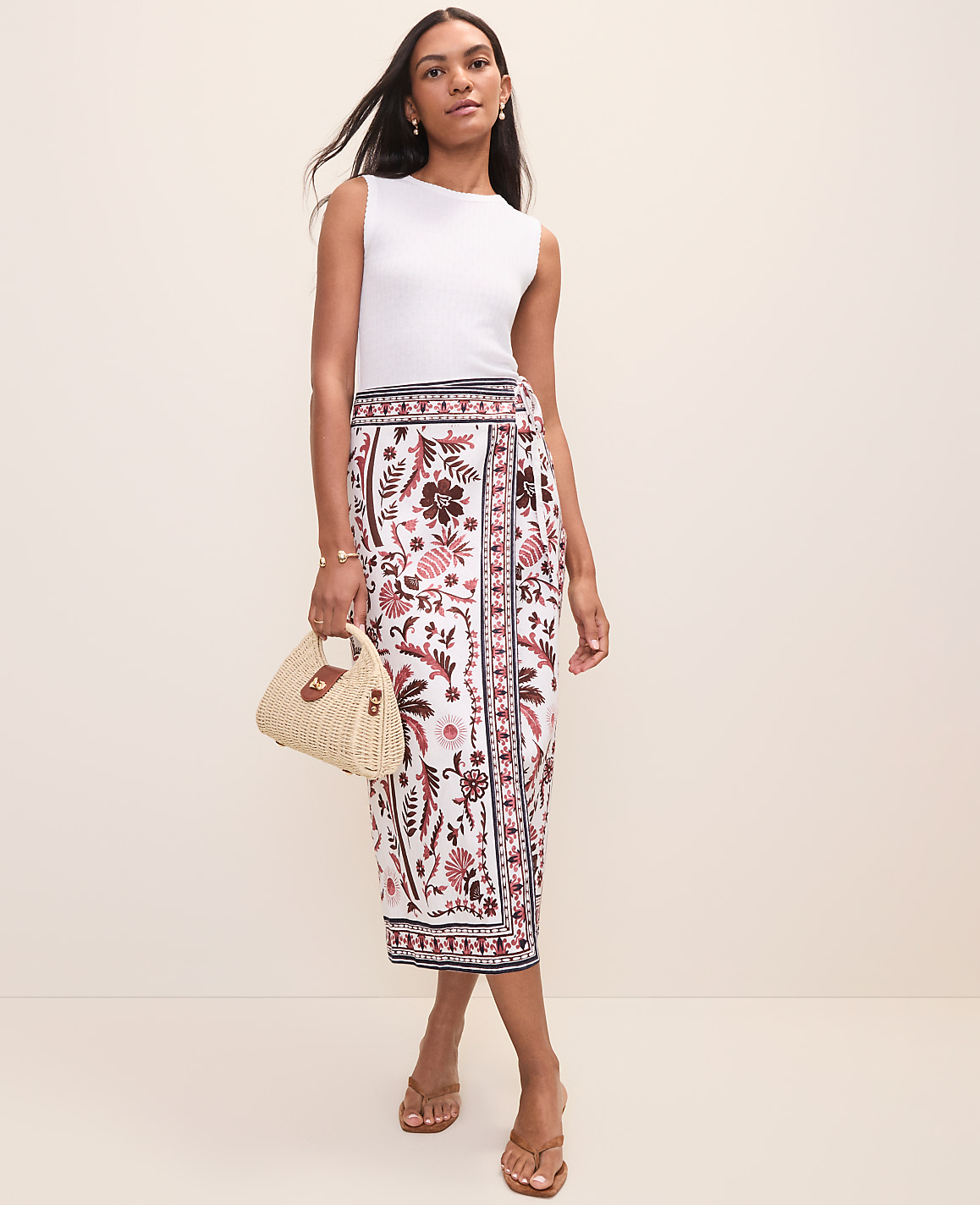 Weekend Palm Tree Print Sarong Midi Skirt in Linen Blend