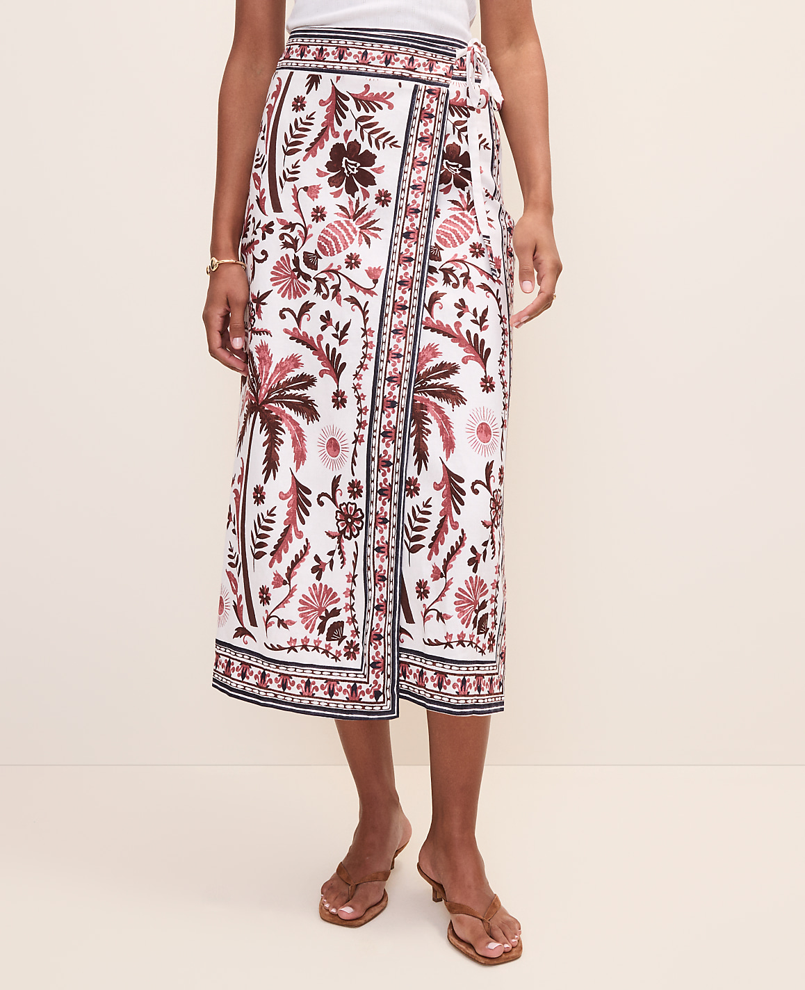 Petite Weekend Palm Tree Print Sarong Midi Skirt in Linen Blend