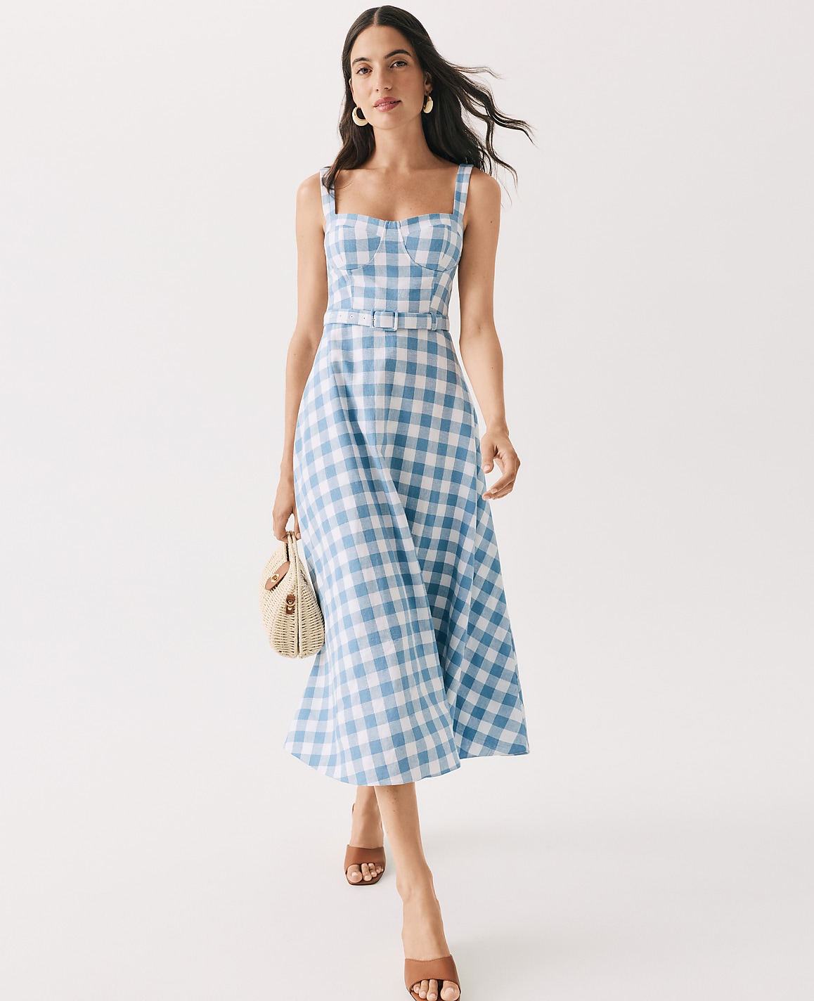 Gingham Belted Midi Dress in Linen Blend
