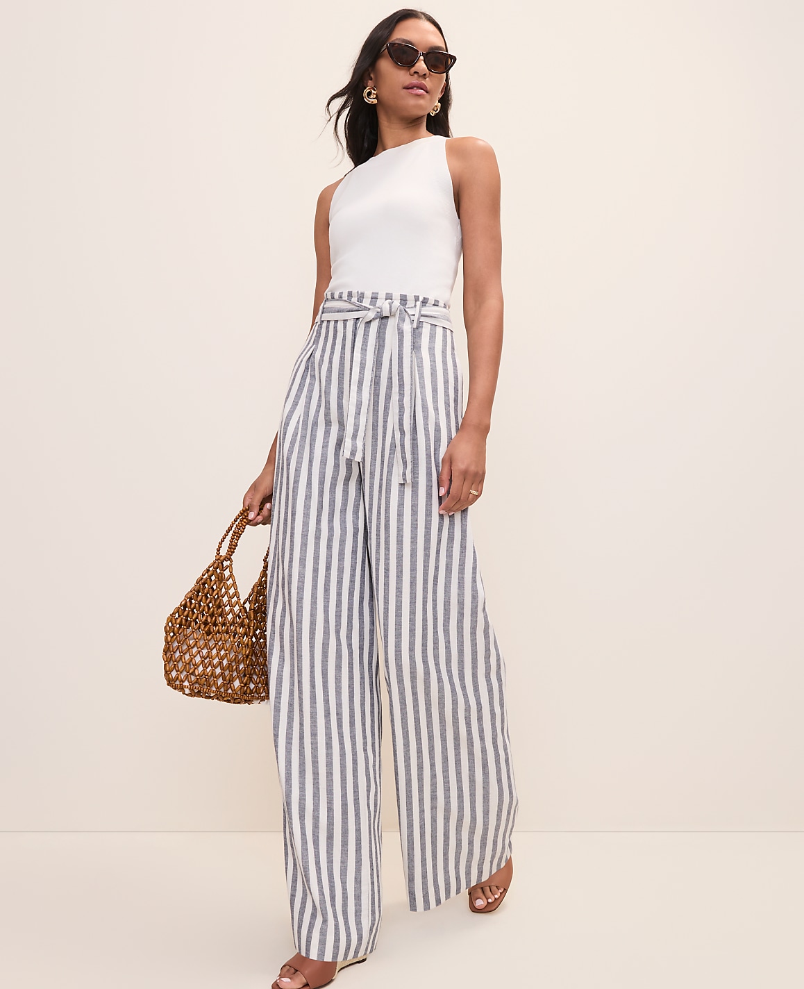 The Petite Striped Paperbag Waist Pant in Linen Blend