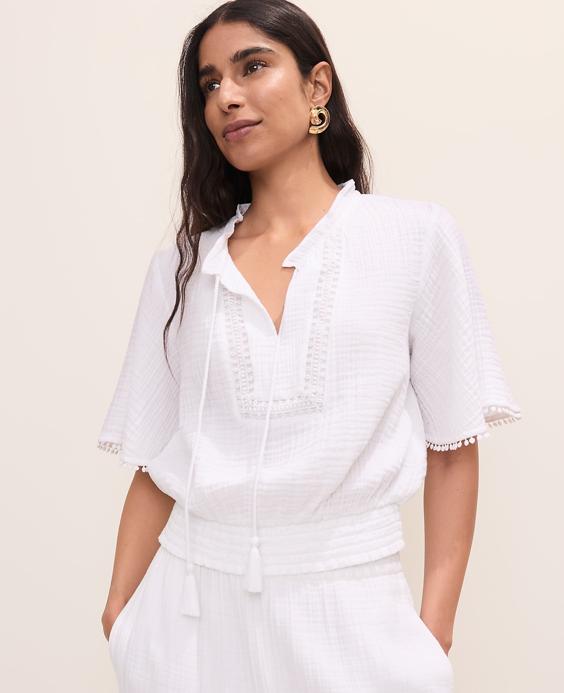 Petite Smocked Bobble Trim Blouse