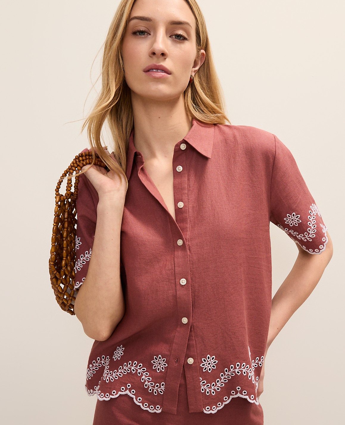 Eyelet Collared Blouse in Linen Blend