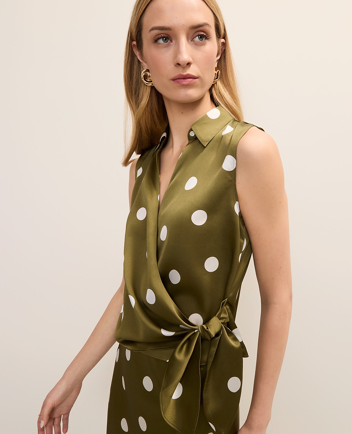 Petite Dotted Tie Waist Blouse