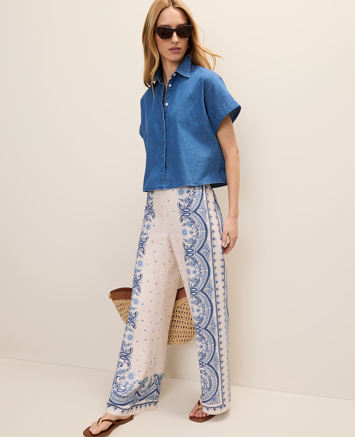 Petite Weekend Easy Wide-Leg Pant in Paisley Linen Blend
