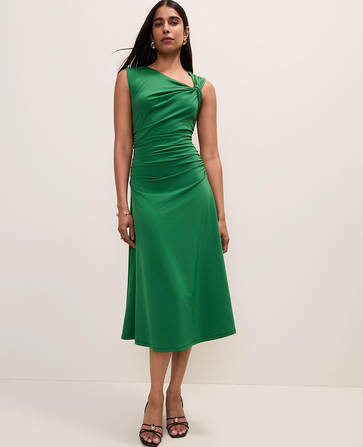Asymmetric Twist Shoulder Midi Dress