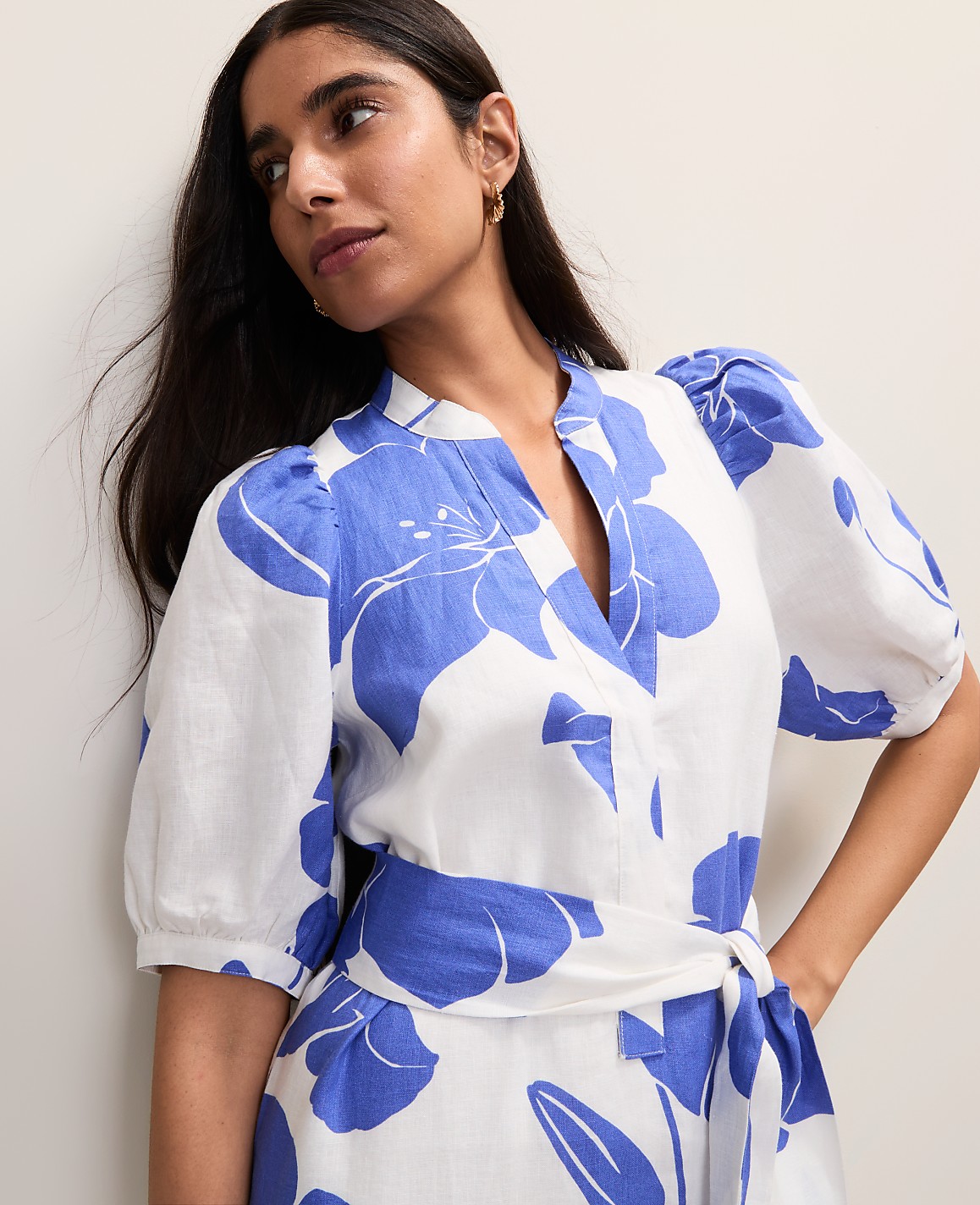 Floral Puff Sleeve Midi Dress in Linen