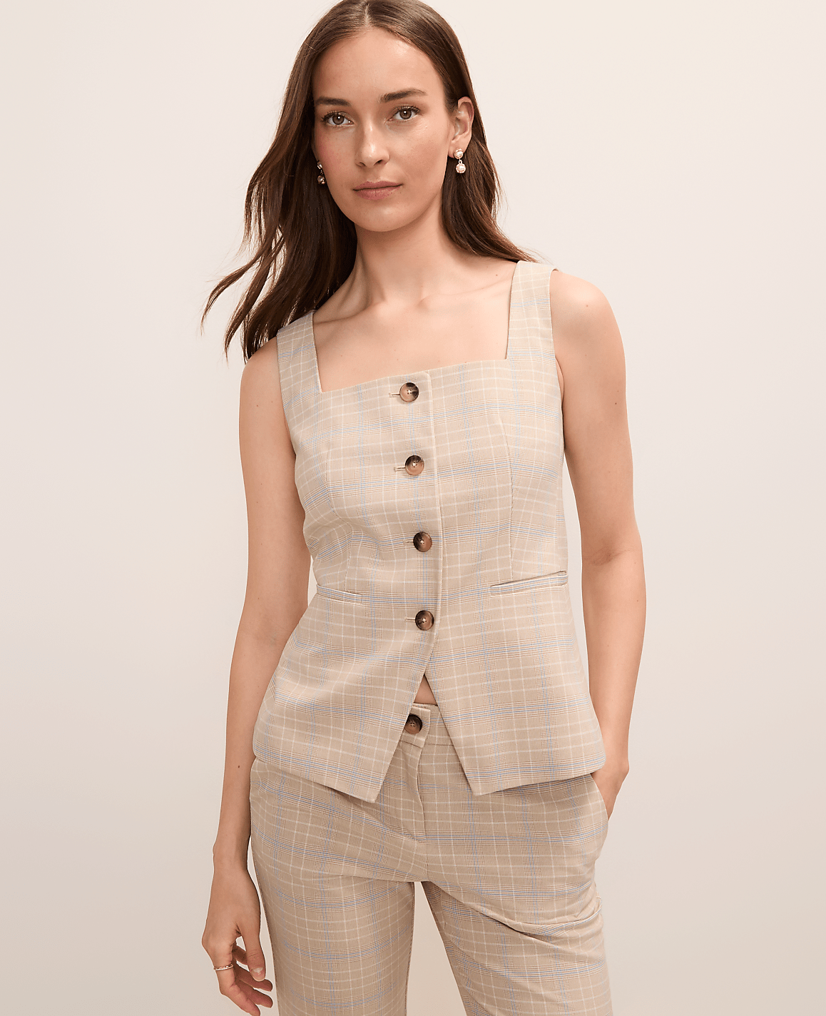 The Petite Square Neck Tailored Vest in Plaid