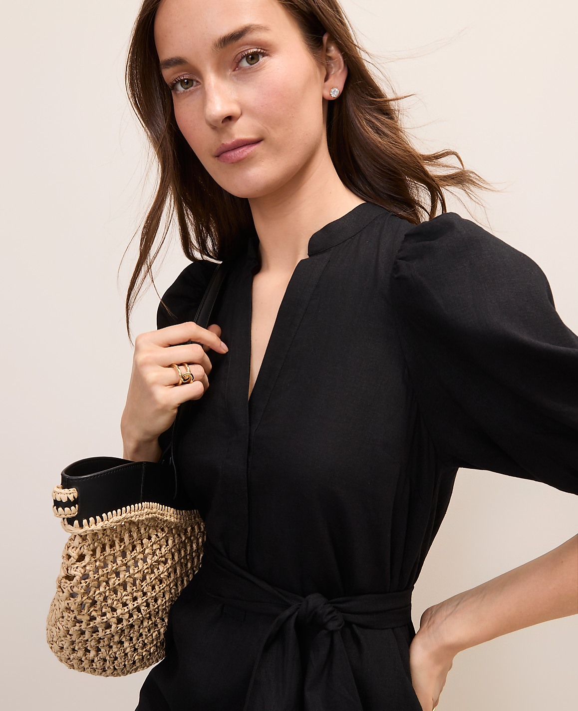 Petite Puff Sleeve Midi Dress in Linen Blend
