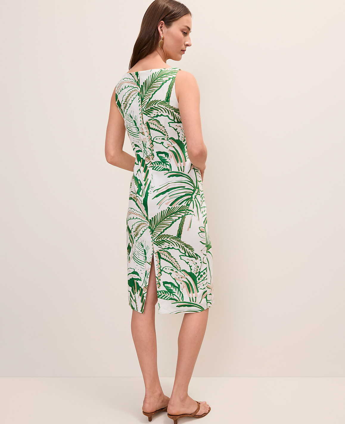 Petite Palm Tree Print Column Midi Dress in Linen Blend
