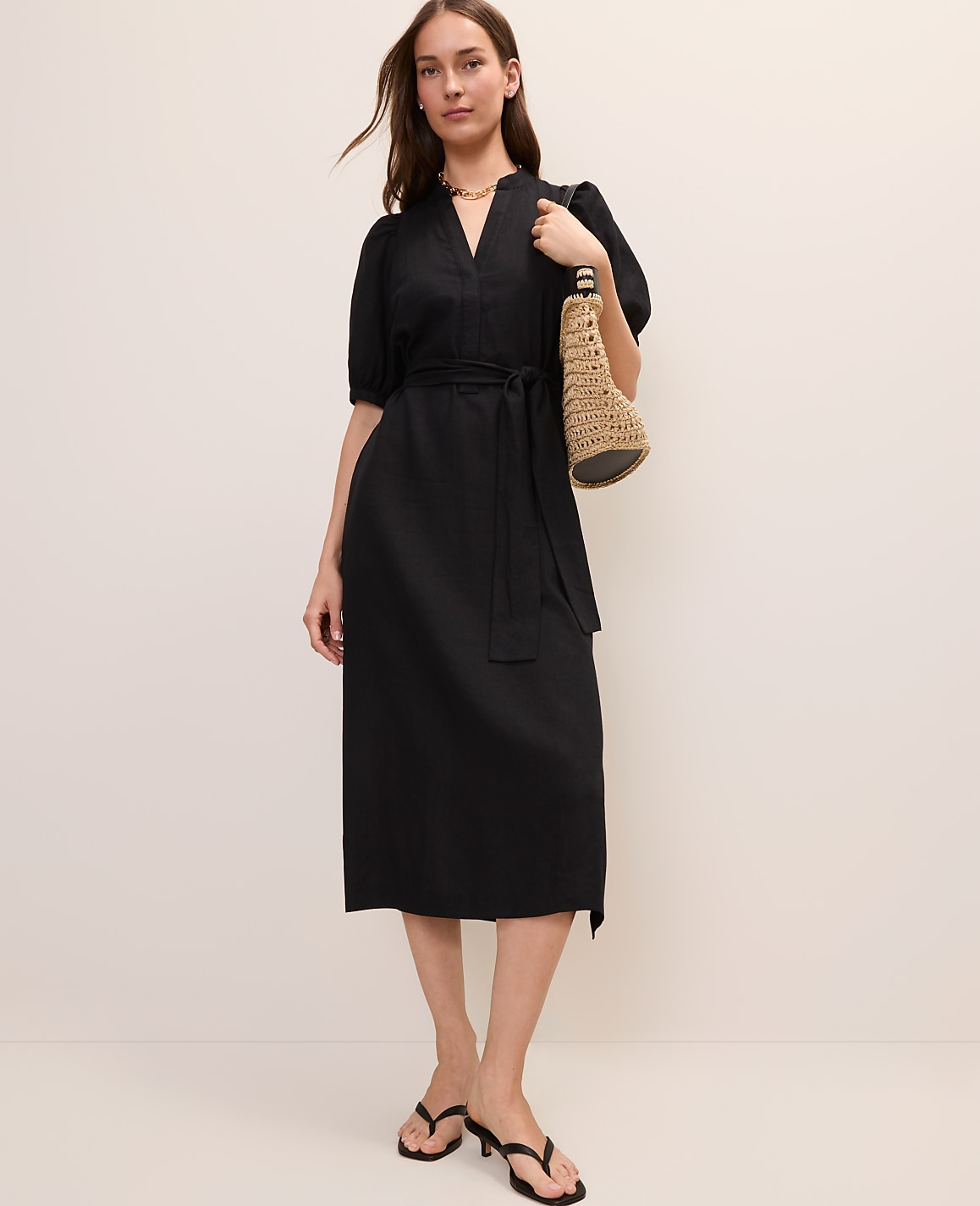 Petite Puff Sleeve Midi Dress in Linen Blend