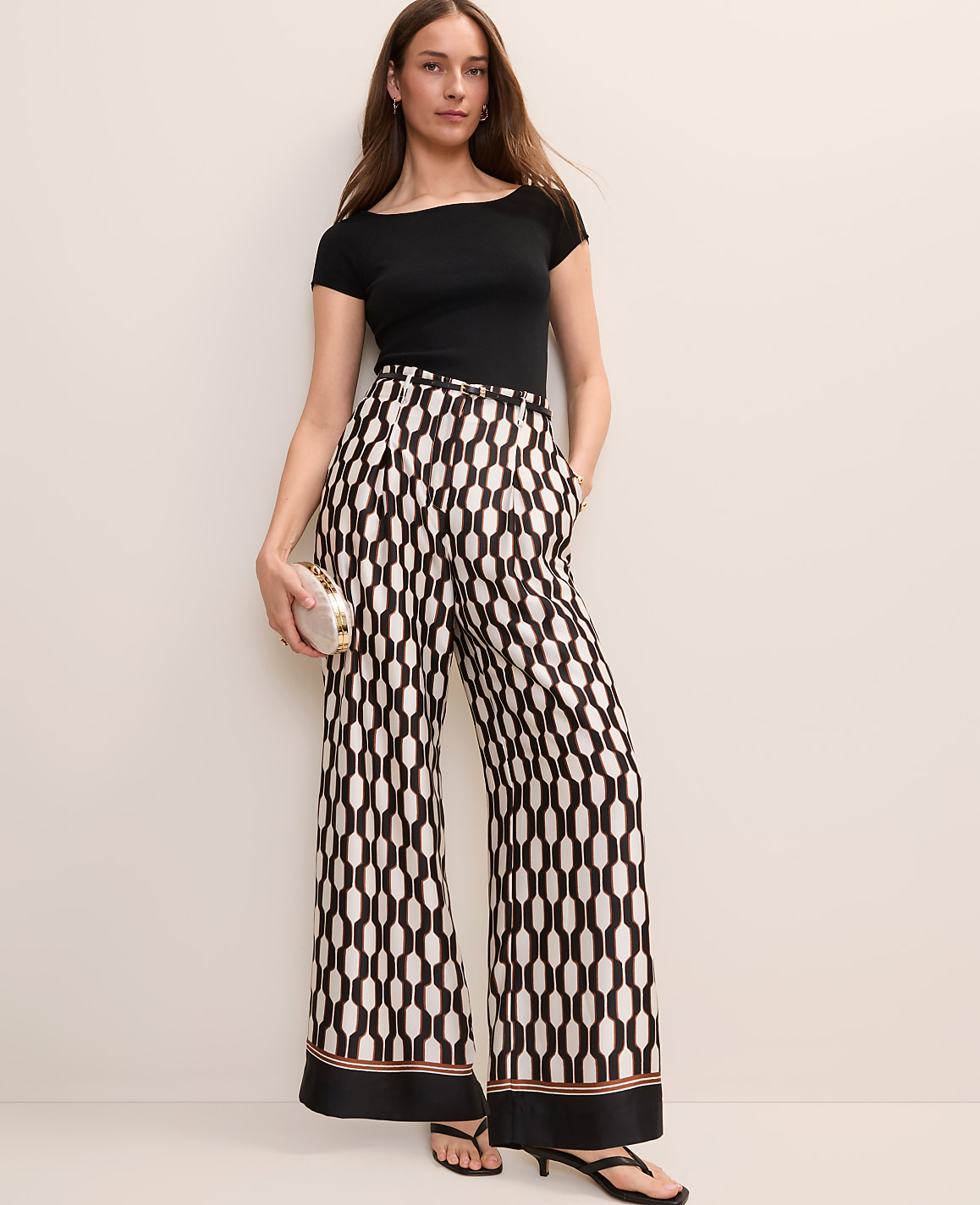 The Pleated Wide-Leg Pant in Geo Satin