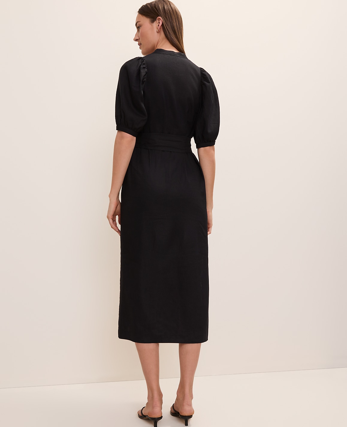Puff Sleeve Midi Dress in Linen Blend