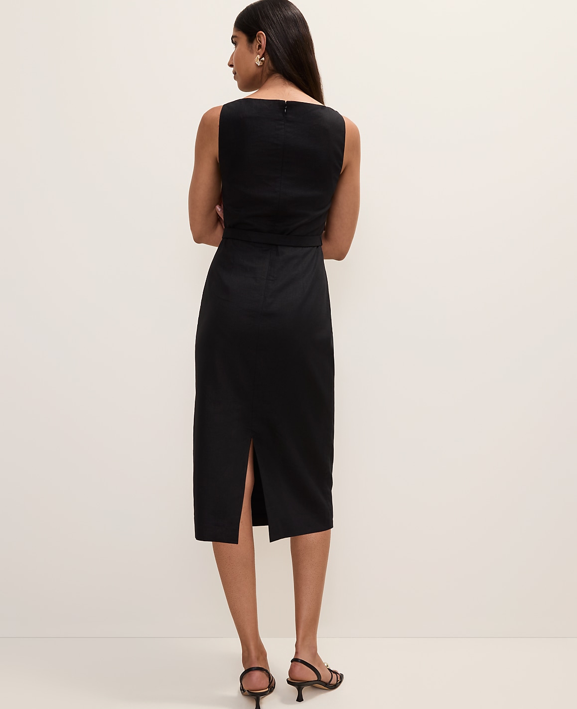 Petite Belted Column Midi Dress in Linen Blend