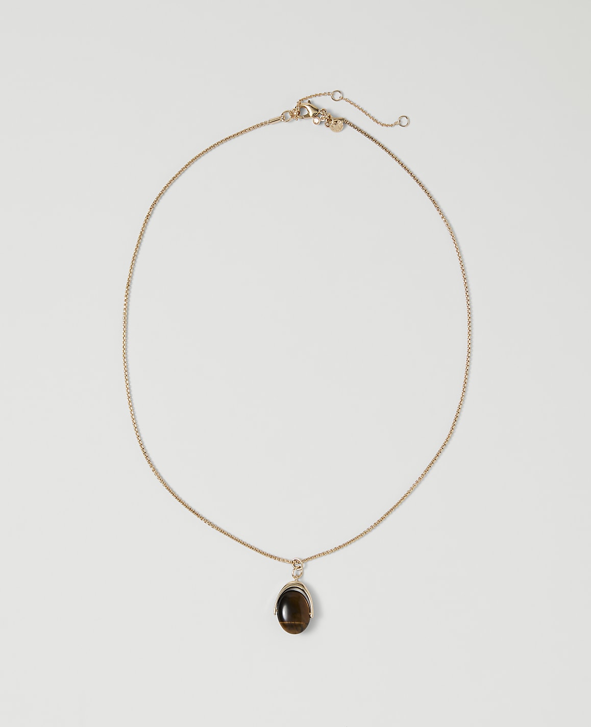 A delicate gold chain necklace with a dark oval pendant rests on a plain white background.