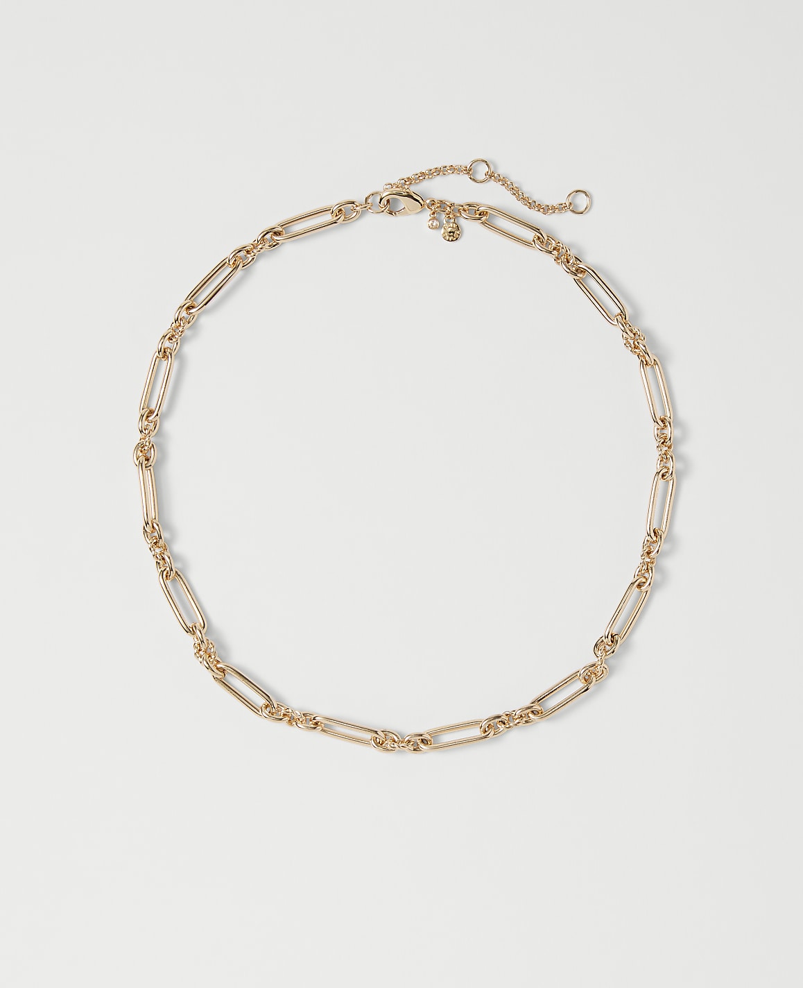 A delicate rose gold chain necklace with elongated oval links rests on a plain white background.