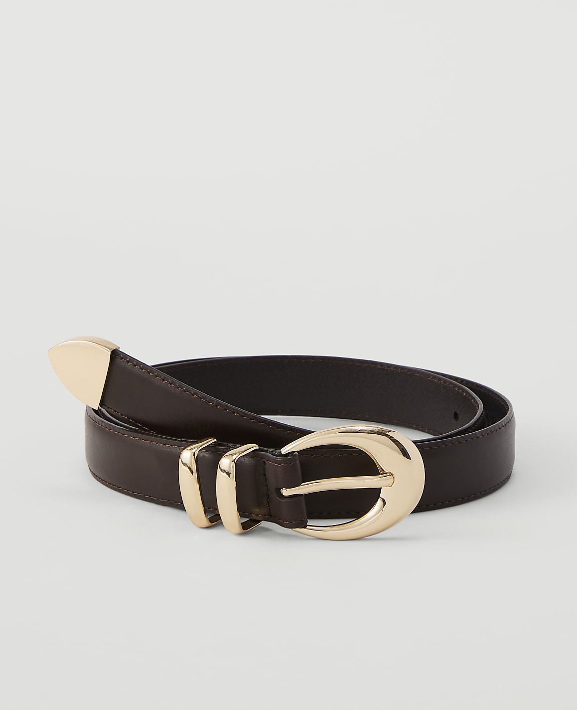 A dark brown leather belt with a gold buckle and tip rests on a plain white background.