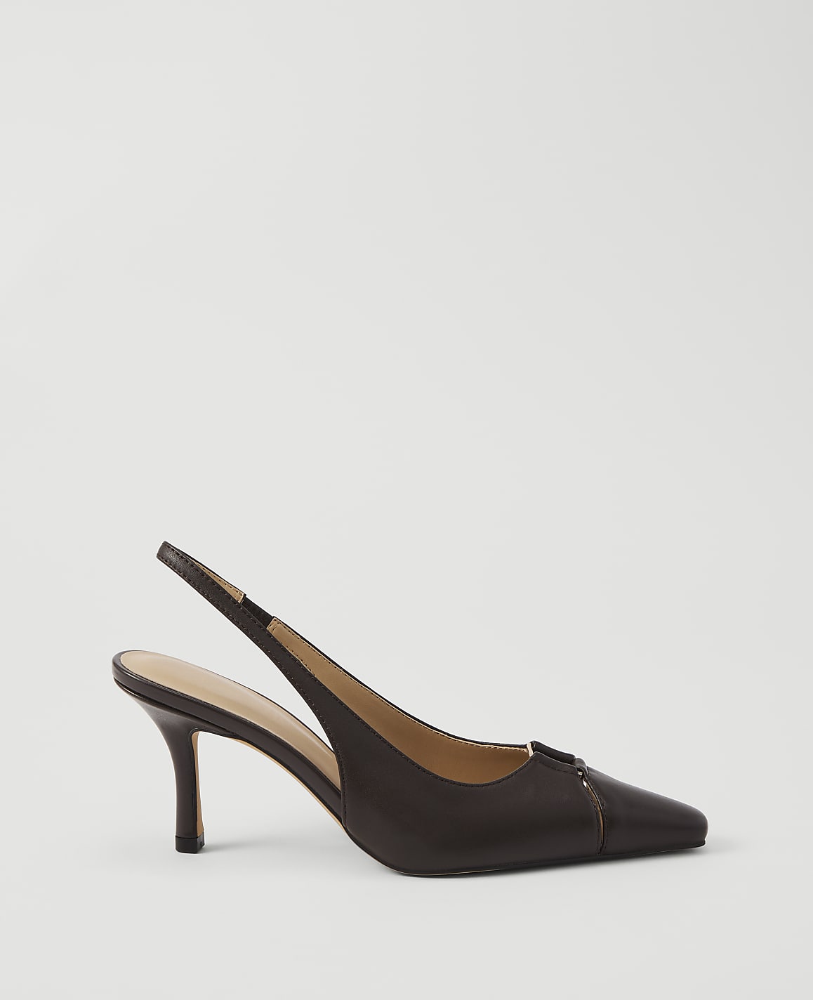 A dark brown leather slingback heel with a gold buckle sits on a plain white background.