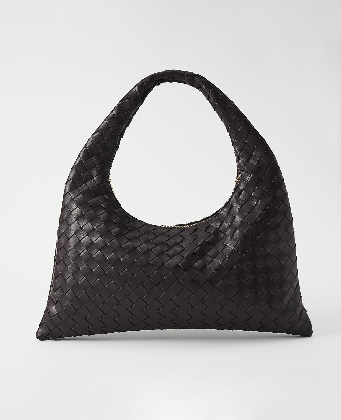 A dark brown woven leather hobo bag rests on a plain white background.