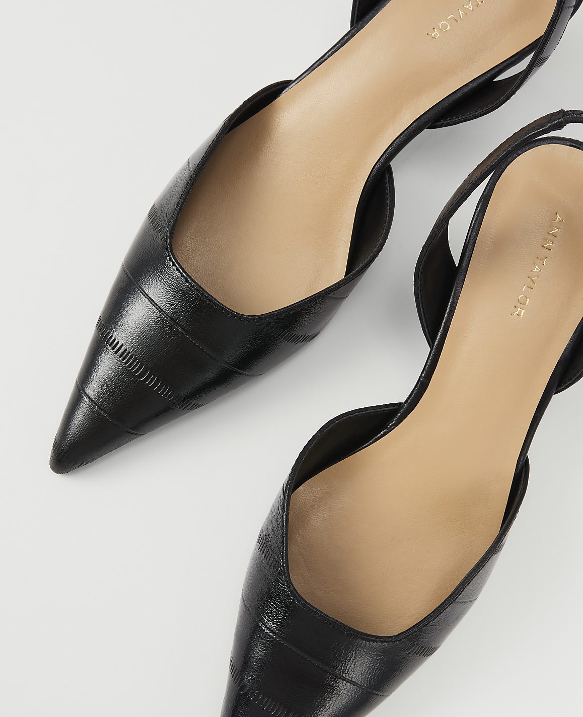 A pair of black pointed-toe slingback heels with textured detailing rests on a plain white background.