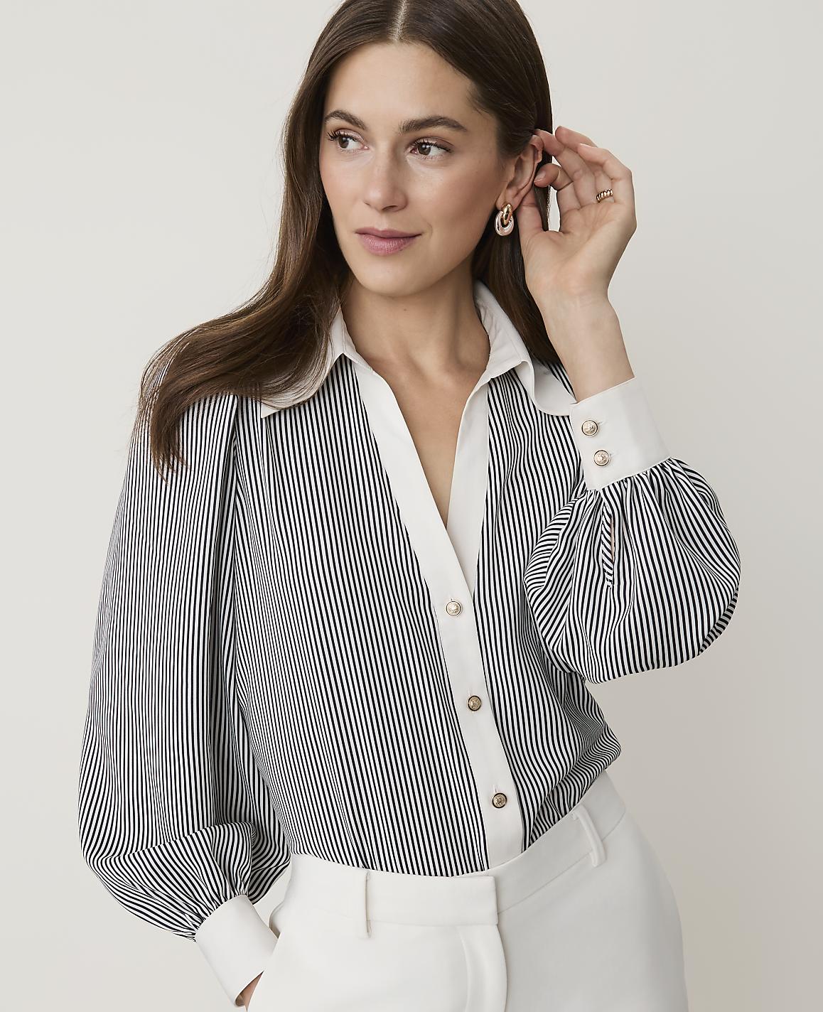 Petite Striped Satin Split Neck Blouse