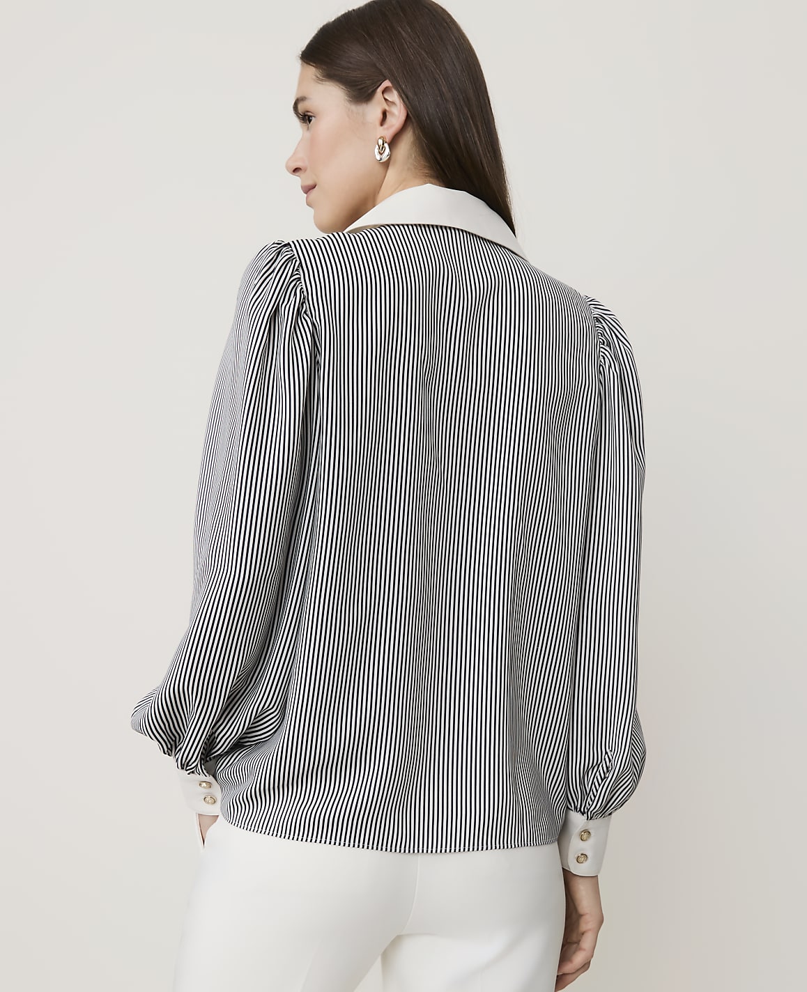 Petite Striped Satin Split Neck Blouse