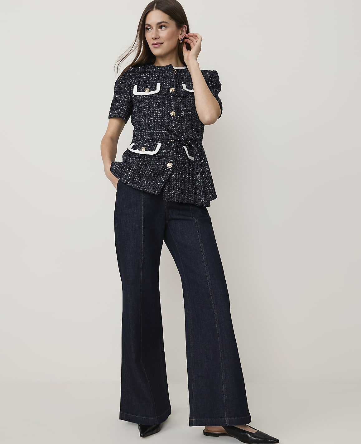 The Petite Belted Short Sleeve Jacket in Tweed