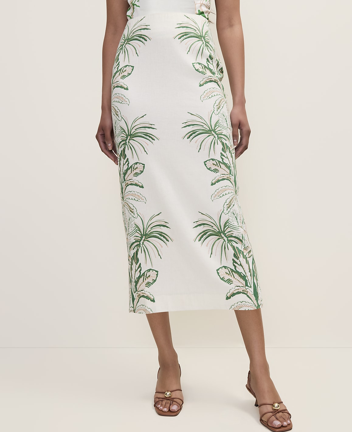 Petite Palm Print Column Midi Skirt in Linen Blend