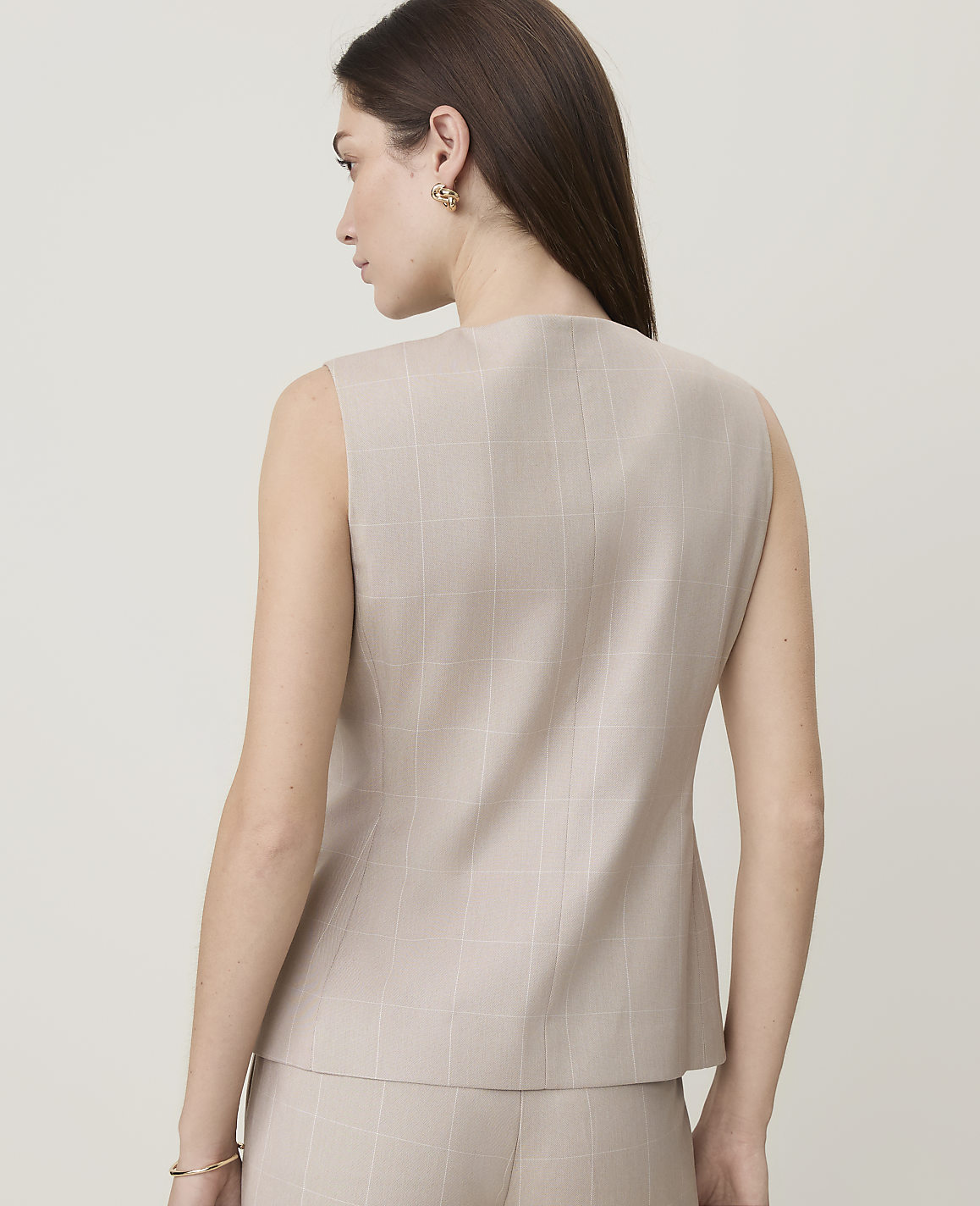 The Petite Windowpane Long Crew Neck Vest in Classic Canvas